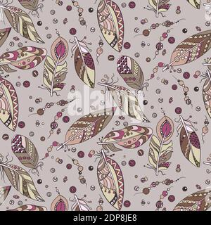Seamless native  pattern with feathers and beads in vector graphic illustration in native tribal style in pastel colors Stock Vector