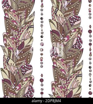 Seamless feathers and beads vertical pattern in abstract ornament style in tribal colors in vector graphic illustration Stock Vector