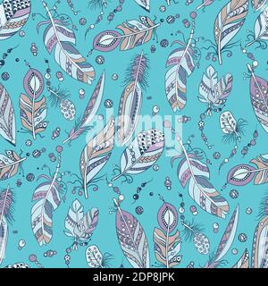 Seamless pattern with feathers and beads in vector graphic illustration in native tribal style in pastel colors Stock Vector