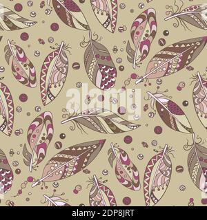 Seamless native  pattern with feathers and beads in vector graphic illustration in native tribal style in pastel colors Stock Vector