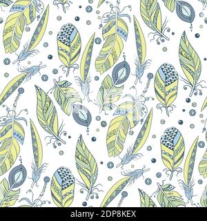 Tribal native seamless pattern with feathers and beads in vector graphic illustration with white background Stock Vector