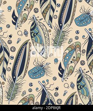 Seamless pattern with feathers and beads in vector graphic illustration in tribal style Stock Vector