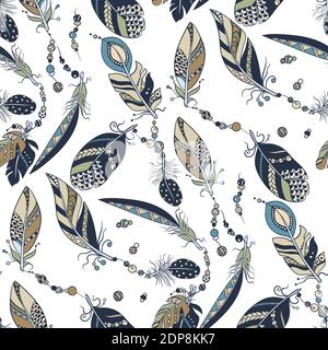 Tribal native seamless pattern with feathers and beads in vector graphic illustration with white background Stock Vector