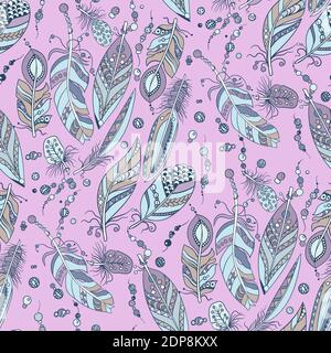 Seamless pattern with feathers and beads in vector graphic illustration in native tribal style in pastel colors Stock Vector