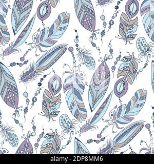 Seamless pattern with feathers and beads in vector graphic illustration in native tribal style in pastel colors Stock Vector