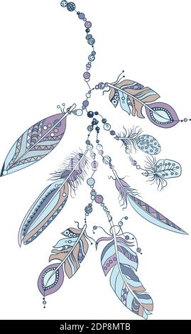 Vertical colored  ornamental pattern with a rope with feathers and beads in vector graphic in tribal style in purple colors Stock Vector