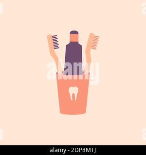 Tooth cleaning vector objects in the glass: toothbrushes and toothpaste Stock Vector