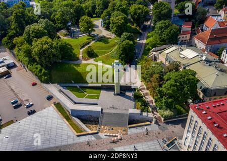 An aerial shot of the Cross of Liberty in the center of Tallinn Freedom Square in Tallinn, Estonia Stock Photo