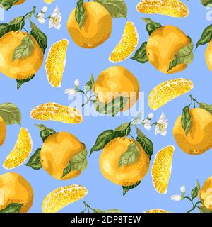 Seamless pattern with orange fruits and slices. Blooming flowers on the branches of fruits in graphic vector illustration on blue  background Stock Vector