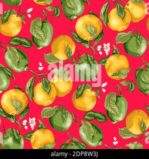Seamless pattern with fruits. Fresh oranges and limes with flowers on the branches with leaves in graphic vector illustration in bright realistic colo Stock Vector