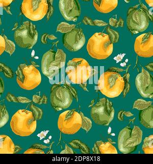 Seamless pattern with fruits. Fresh oranges and limes with flowers on the branches with leaves in graphic vector illustration in bright realistic colo Stock Vector