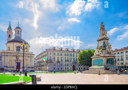 Turin, Italy, September 10, 2018: Monumento a Camillo Benso conte di Cavour statue on Piazza Carlo Emanuele II square with old buildings around in his Stock Photo