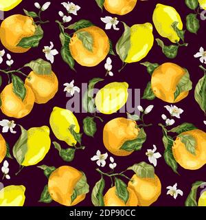 Blooming oranges and lemons on the seamles pattern in realistic vector graphic illustration on the branches with leaves Stock Vector