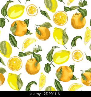 Seamless pattern with juicy lemons and oranges, slices and circles in bright colors in realistic graphic vector illustration with branches with leaves Stock Vector