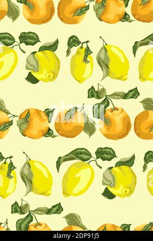 Seamless pattern with horizontal lines of juicy lemons and oranges, slices and circles in bright colors in realistic graphic vector illustration with Stock Vector