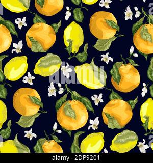 Juicy citrus fruits in a seamless pattern with blooming oranges and juicy lemons on the branches with leaves in realistic graphic vector illustration Stock Vector