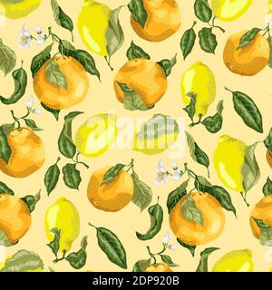 Juicy citrus fruits in a seamless pattern with blooming oranges and juicy lemons on the branches with leaves in realistic graphic vector illustration Stock Vector