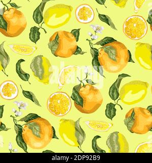 Juicy citrus fruits in a seamless pattern with blooming oranges and juicy lemons on the branches with leaves and cirtus fruit slices in realistic grap Stock Vector