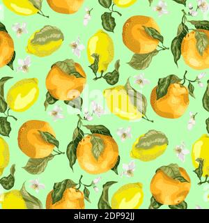 Juicy citrus fruits in a seamless pattern with blooming oranges and juicy lemons on the branches with leaves in realistic graphic vector illustration Stock Vector