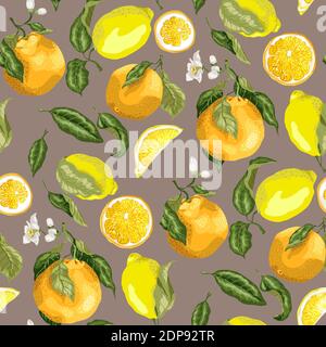 Juicy citrus fruits in a seamless pattern with blooming oranges and juicy lemons on the branches with leaves in realistic graphic vector illustration Stock Vector