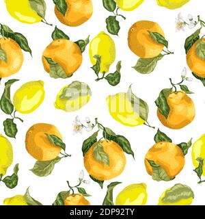 Juicy citrus fruits in a seamless pattern with blooming oranges and juicy lemons on the branches with leaves in realistic graphic vector illustration Stock Vector