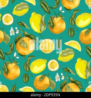 Blooming oranges and lemons on the seamles pattern in realistic vector graphic illustration on the branches with leaves Stock Vector