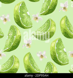 Lime slices and flowers seamless pattern set in realistic graphic vector illustration in bright colors with green background Stock Vector