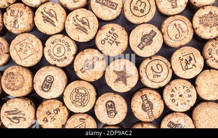 Moscow, Russia, November 23, 2020: Top of champagne corks close-up as background. Champagne cork texture. View from above. Stock Photo