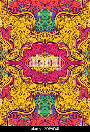 Juicy Psychedelic colorful mandala flower with curly elegance lines pattern. Stock Vector