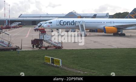 Condor airplane at Duesseldorf airport in park position Stock Photo