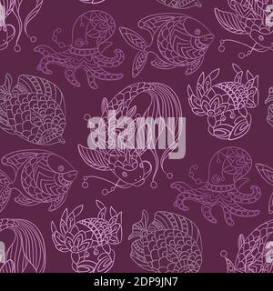 Seamless pattern in marine themes with wild sea animals and fishes in ornamental graphic vector illustration in decorative design Stock Vector