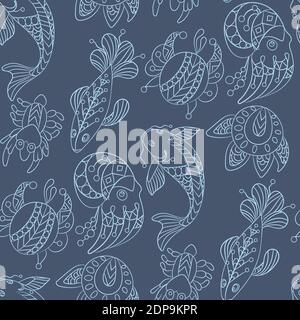 Seamless pattern in marine themes with wild sea animals and fishes in ornamental graphic vector illustration in decorative design Stock Vector