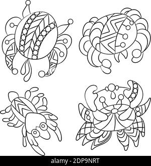 Coloring page with sea and ocean animals suh as crab and shrimp in vector grahic illustration Stock Vector