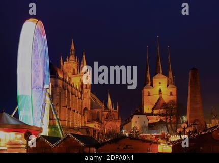 Erfurt Cathedral on Cathedral Hill, Severi Church and Ferris Wheel at Christmas Market, Erfurt, Thuringia, Germany  /  Erfurter Dom am Domberg, Severi Stock Photo