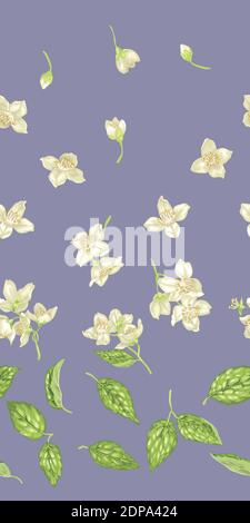 Seamless pattern with jasmine plant parts like buds, flowers and leaves in realistic vector graphic illustration Stock Vector