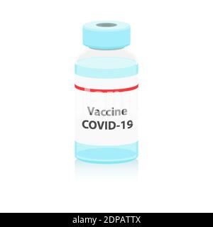 Coronavirus Vaccine Bottle. Vaccination Concept Mockup. Treatment Immunization COVID-19 Pandemic Background. Flat Vector Illustration. Eps 10 Stock Vector
