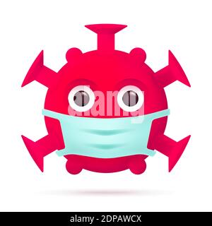 Red Virus Emoticon with Medical Mask. Coronavirus Emoji Character Symbol. COVID-19 Pandemic 3D Icon. Modern Flat Vector Illustration. Eps 10 Stock Vector