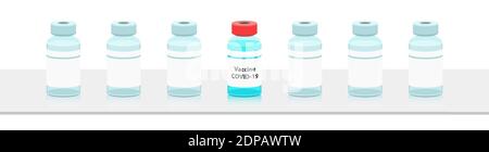 Coronavirus Vaccine Bottle. Vaccination Concept Mockup. Treatment Immunization COVID-19 Pandemic Background. Flat Vector Illustration. Eps 10 Stock Vector