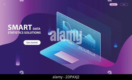 Isometric Concept of Smart Data Statistics Solutions. Landing Page Concept Template. Charts and analyzing statistics. Vector EPS 10 Stock Vector