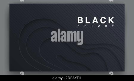 Black Friday Poster Concept Sales. Black Modern Covers Template Design. 3D Wavy and Striped Background. Paper Cut Shapes for Presentation, Magazines, Stock Vector