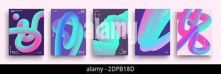 Set of Minimal Neon Gradient Blend Banner. Motion Fluid Wave Line Posters. Simple Futuristic Covers Template Design. Luminous Geometric Shapes Backgro Stock Vector