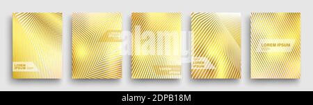 Set of Minimal Gold Geometric Halftone Gradient Posters. Simple Modern Covers Template Design. Golden Blurred, Liquid, Geometric Shapes. Luminous Back Stock Vector