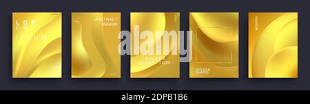 Set of Abstract Gold Greeting Posters. Realistic Trendy Covers Template Design. Golden Blurred, Liquid, Geometric Shapes. Luminous Minimal Backgrounds Stock Vector