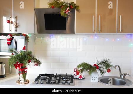 Kitchen interior of christmas time decoration at home Stock Photo