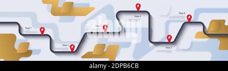 Road map and journey route infographics template. Winding road timeline illustration. Flat vector illustration. Eps 10 Stock Vector