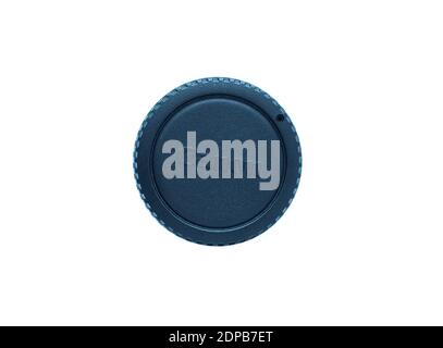 Black Plastic Canon Camera Cap on White Backgrounds Stock Photo