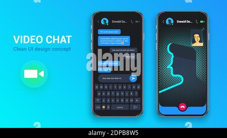 Video Chat Interface Application. Social Media Dating with Mobile Dialogue Window. Telemedicine Concept. Virtual communication apps. Sms Messenger. Fl Stock Vector