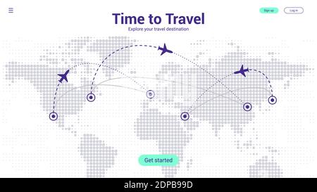 Travel Landing Page Concept. World Travel Map Template with Airplane and Route Destination. Violet futuristic Halftone Dots Background. Vector EPS 10 Stock Vector