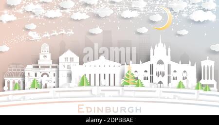 Edinburgh Scotland City Skyline in Paper Cut Style with Snowflakes, Moon and Neon Garland. Vector Illustration. Christmas and New Year Concept. Stock Vector