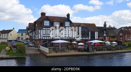 The Swan Inn at Horning Norfolk England on the river Bure. Stock Photo